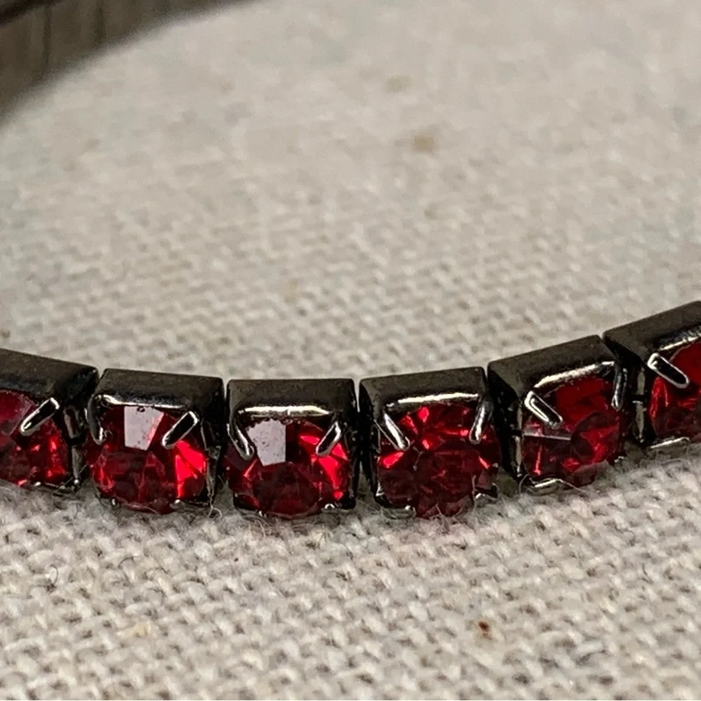 Vintage Silver Red Stretch Tennis Bracelet Formal Glam Goth Ruby Crystal